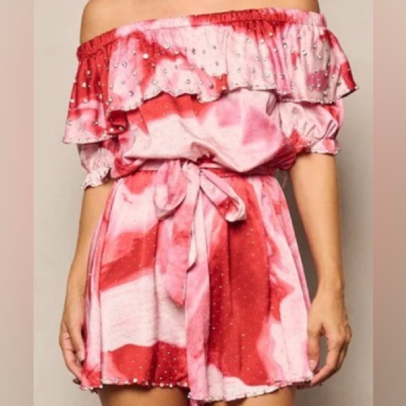 S M L woman’s off shoulder, self tied, ruffle, stud, detailed, tie-dye romper - Picture 2 of 3